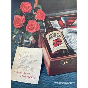 1951 Four Roses Bourbon Vintage Print Ad Business Travel Suitcase 50s Wall Art